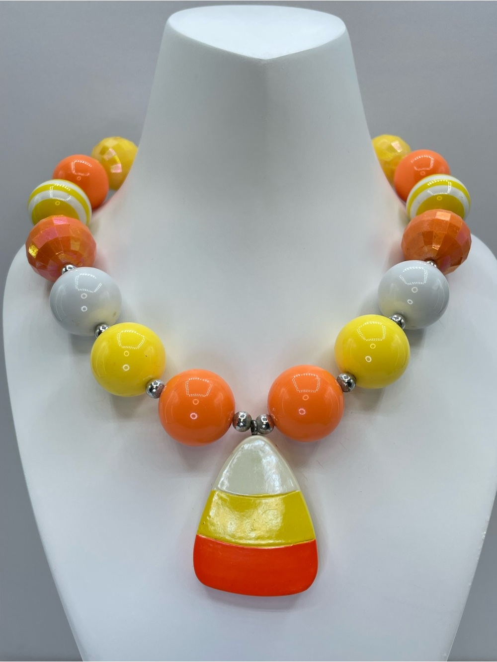Candy Corn Pendant Orange Yellow White Acrylic Beaded Halloween Necklace